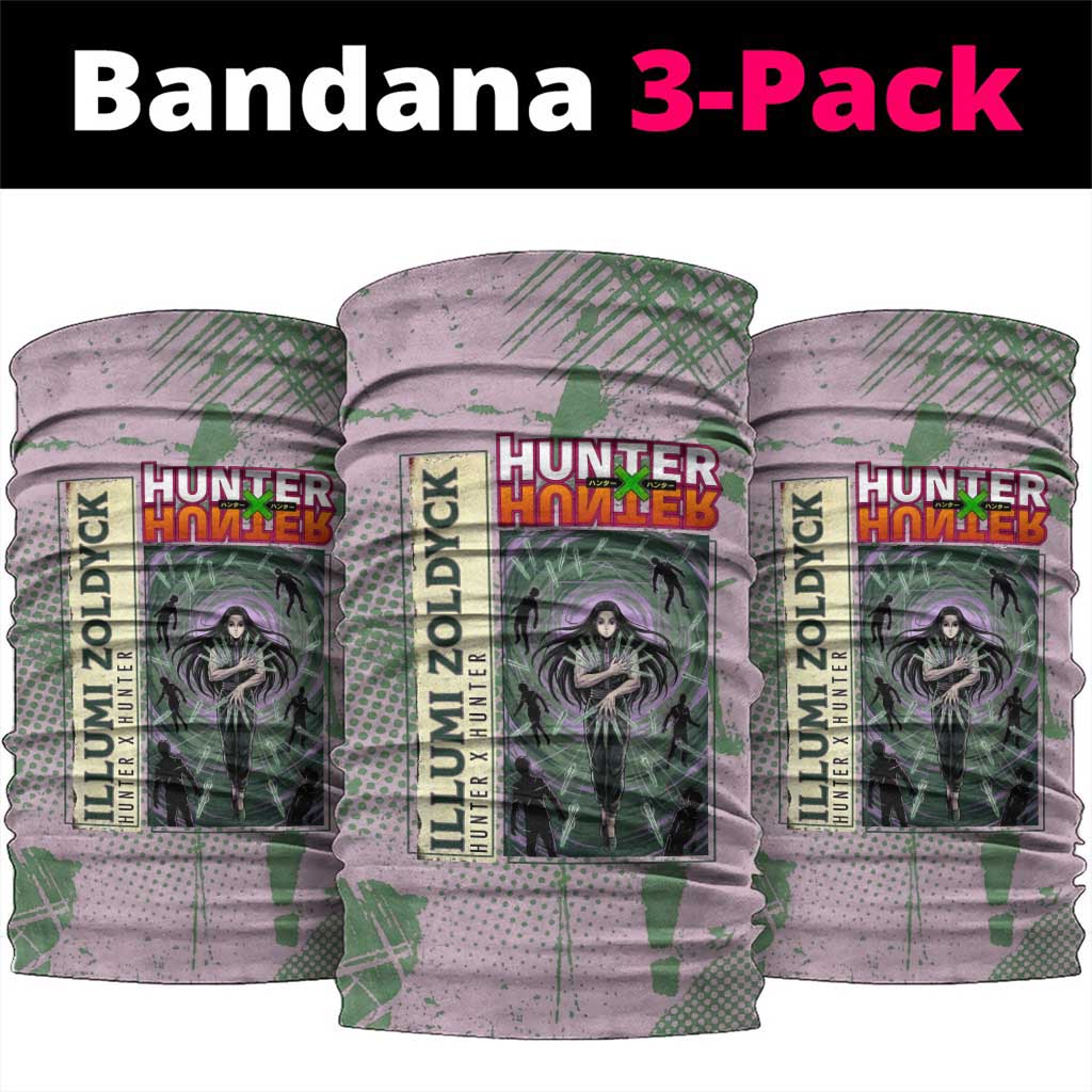 Alluka Zoldyck Theme Purple and Green Paint Splatter Design Neck Gaiter with Nen Ability Artwork and Character Card Style - The Mazicc