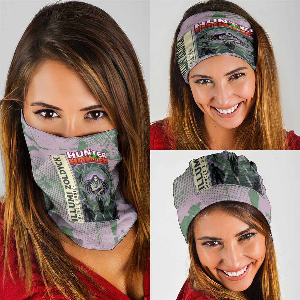 Alluka Zoldyck Theme Purple and Green Paint Splatter Design Neck Gaiter with Nen Ability Artwork and Character Card Style - The Mazicc