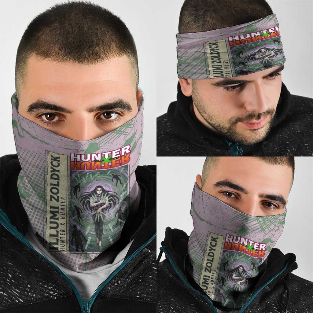 Alluka Zoldyck Theme Purple and Green Paint Splatter Design Neck Gaiter with Nen Ability Artwork and Character Card Style - The Mazicc