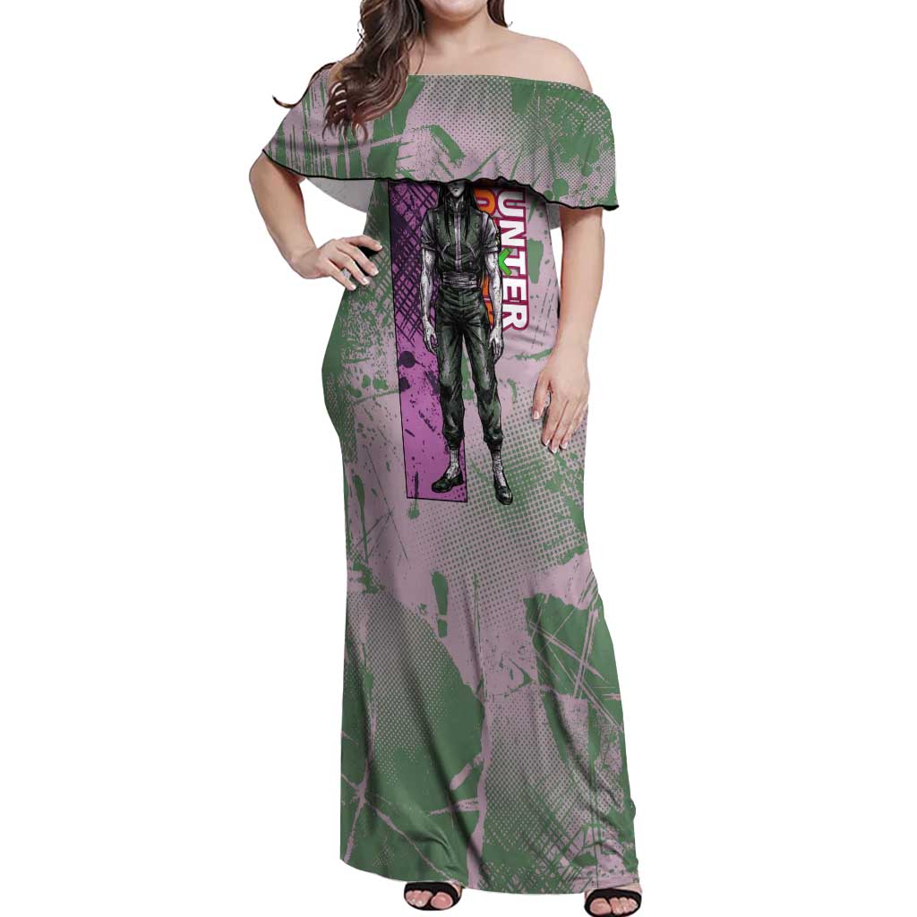 Alluka Zoldyck Theme Purple and Green Paint Splatter Design Off Shoulder Maxi Dress with Nen Ability Artwork and Character Card Style - The Mazicc