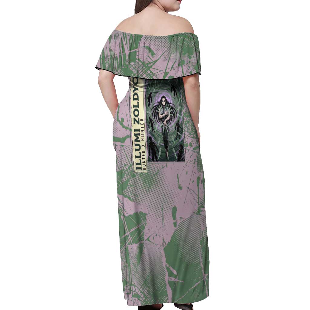 Alluka Zoldyck Theme Purple and Green Paint Splatter Design Off Shoulder Maxi Dress with Nen Ability Artwork and Character Card Style - The Mazicc