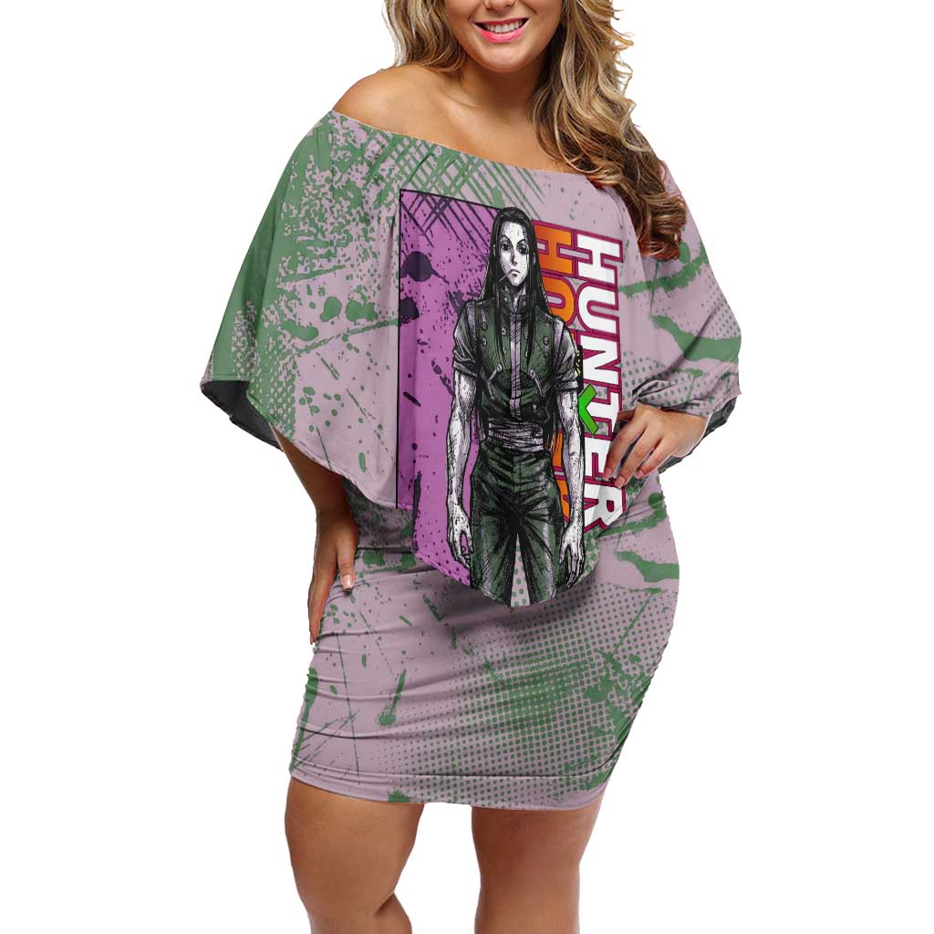 Alluka Zoldyck Theme Purple and Green Paint Splatter Design Off Shoulder Short Dress with Nen Ability Artwork and Character Card Style - The Mazicc