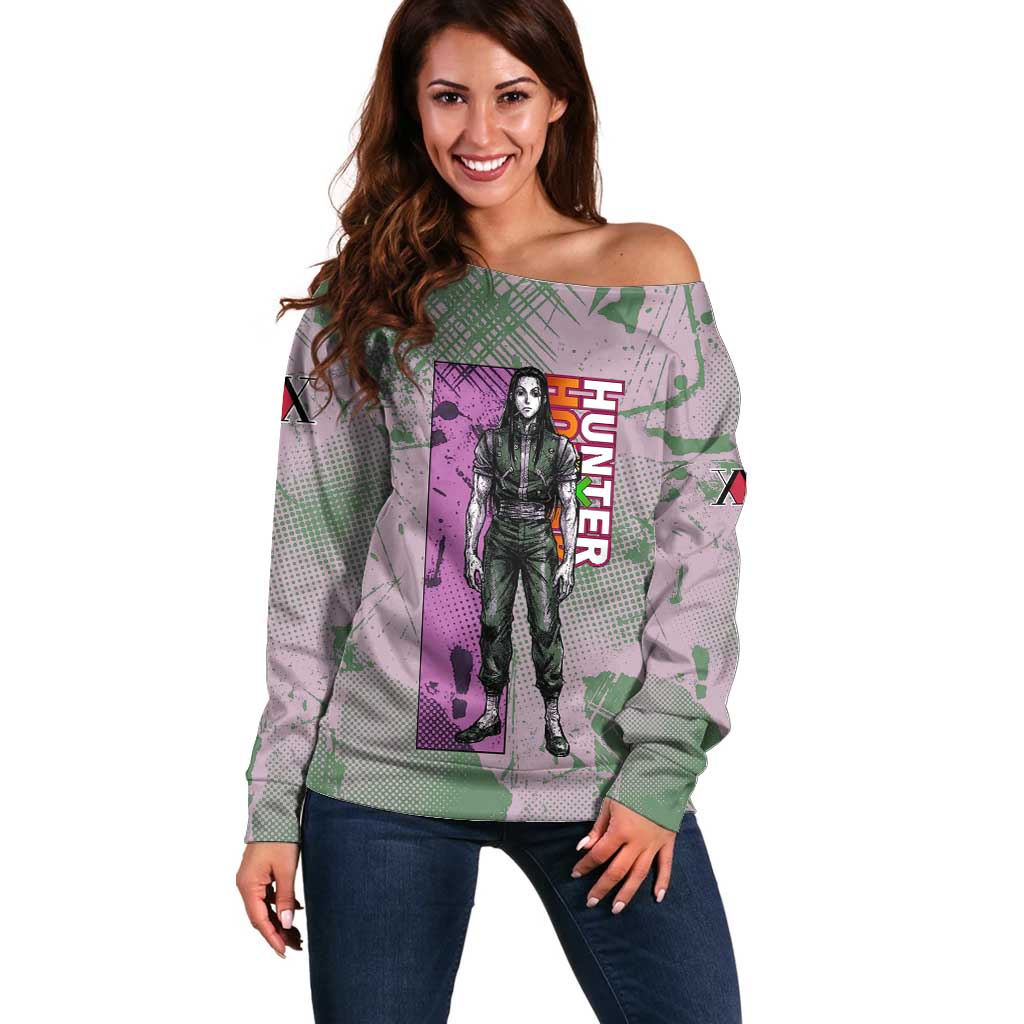 Alluka Zoldyck Theme Purple and Green Paint Splatter Design Off Shoulder Sweater with Nen Ability Artwork and Character Card Style - The Mazicc