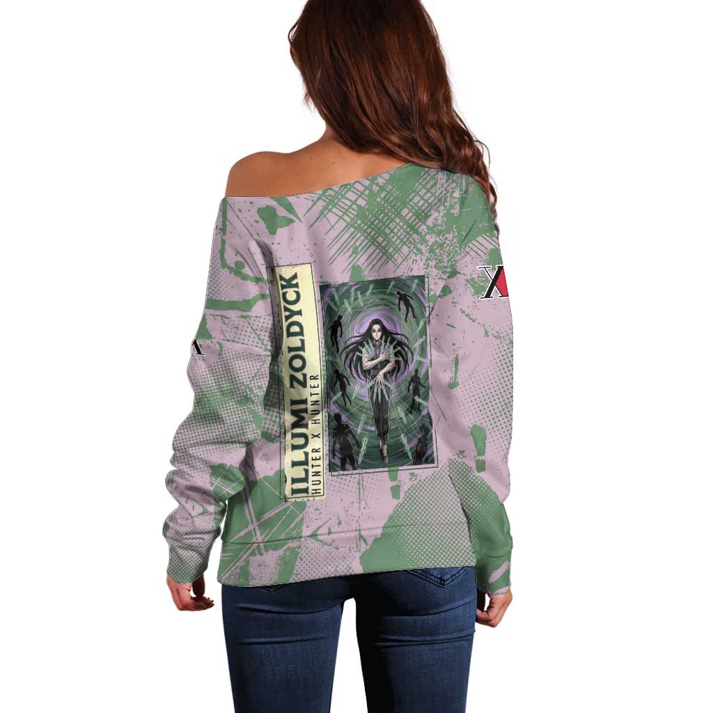 Alluka Zoldyck Theme Purple and Green Paint Splatter Design Off Shoulder Sweater with Nen Ability Artwork and Character Card Style - The Mazicc