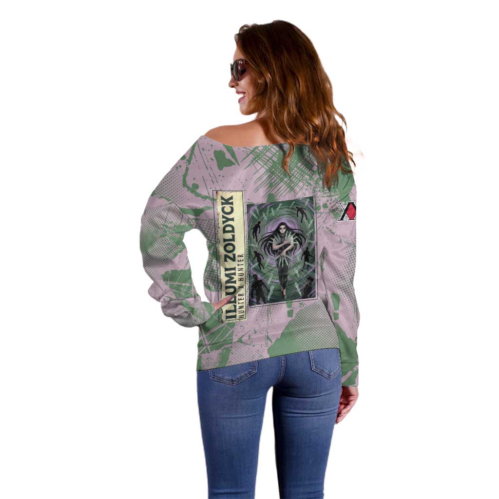 Alluka Zoldyck Theme Purple and Green Paint Splatter Design Off Shoulder Sweater with Nen Ability Artwork and Character Card Style - The Mazicc