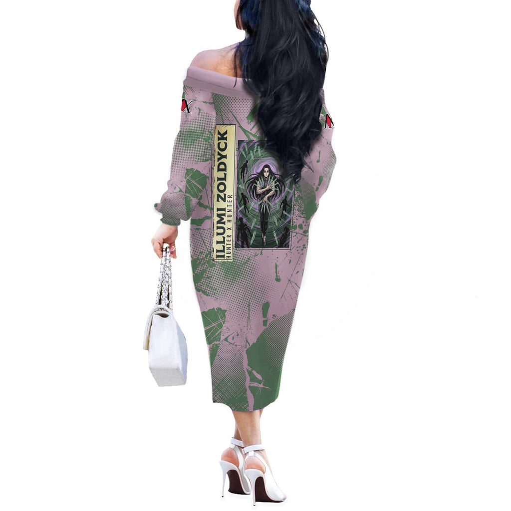 Alluka Zoldyck Theme Purple and Green Paint Splatter Design Off The Shoulder Long Sleeve Dress with Nen Ability Artwork and Character Card Style - The Mazicc