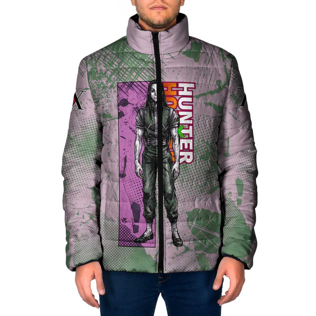 Alluka Zoldyck Theme Purple and Green Paint Splatter Design Padded Jacket with Nen Ability Artwork and Character Card Style - The Mazicc