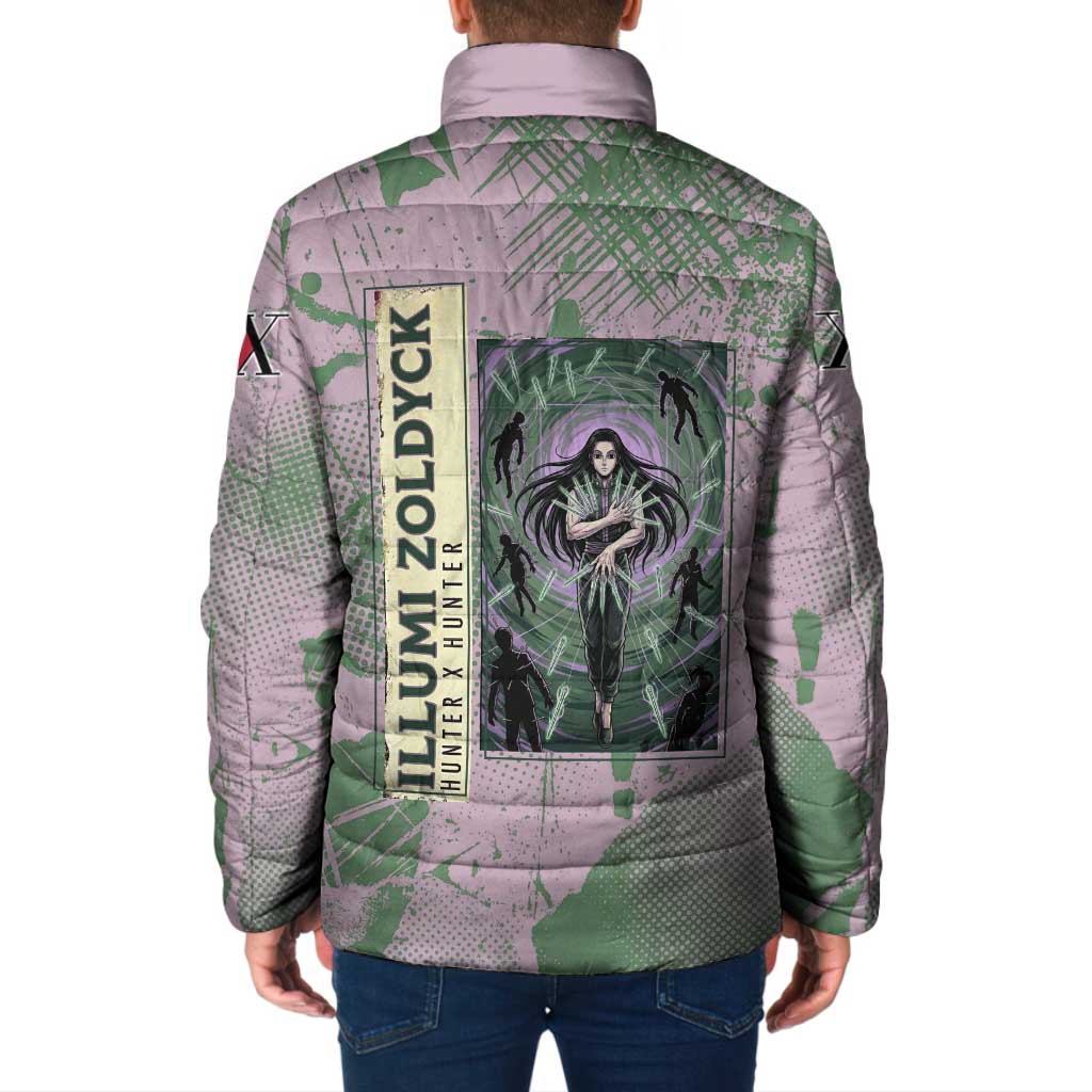 Alluka Zoldyck Theme Purple and Green Paint Splatter Design Padded Jacket with Nen Ability Artwork and Character Card Style - The Mazicc