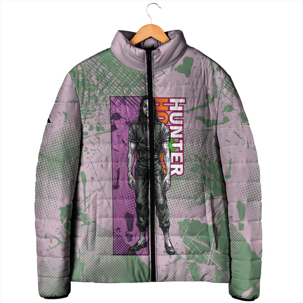 Alluka Zoldyck Theme Purple and Green Paint Splatter Design Padded Jacket with Nen Ability Artwork and Character Card Style - The Mazicc