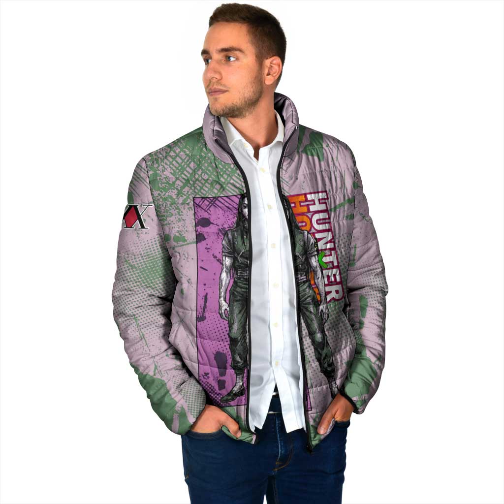 Alluka Zoldyck Theme Purple and Green Paint Splatter Design Padded Jacket with Nen Ability Artwork and Character Card Style - The Mazicc