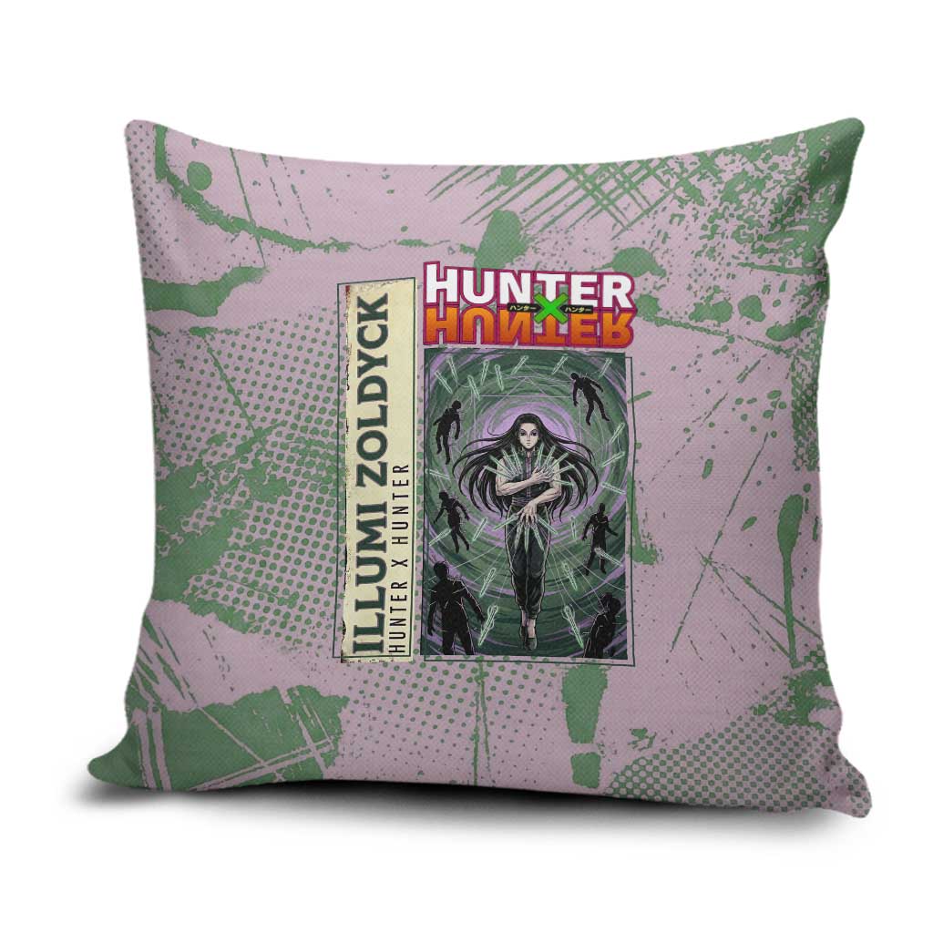 Alluka Zoldyck Theme Purple and Green Paint Splatter Design Pillow Cover with Nen Ability Artwork and Character Card Style - The Mazicc