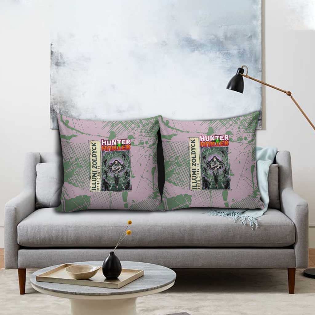 Alluka Zoldyck Theme Purple and Green Paint Splatter Design Pillow Cover with Nen Ability Artwork and Character Card Style - The Mazicc