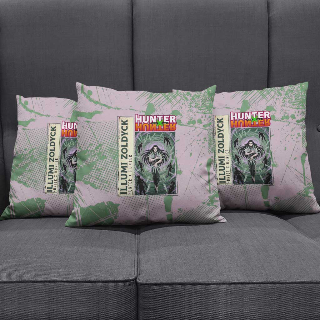 Alluka Zoldyck Theme Purple and Green Paint Splatter Design Pillow Cover with Nen Ability Artwork and Character Card Style - The Mazicc