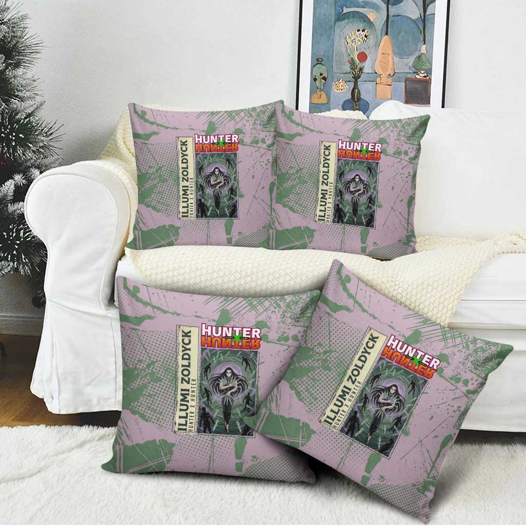 Alluka Zoldyck Theme Purple and Green Paint Splatter Design Pillow Cover with Nen Ability Artwork and Character Card Style - The Mazicc