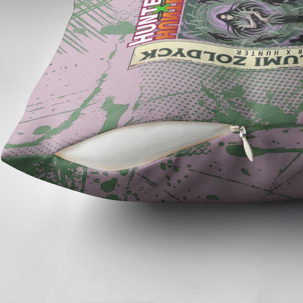 Alluka Zoldyck Theme Purple and Green Paint Splatter Design Pillow Cover with Nen Ability Artwork and Character Card Style - The Mazicc