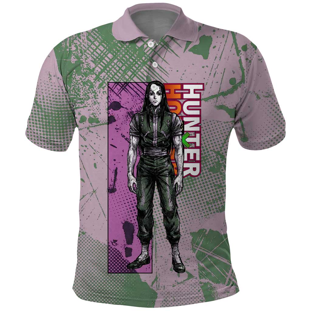 Alluka Zoldyck Theme Purple and Green Paint Splatter Design Polo Shirt with Nen Ability Artwork and Character Card Style - The Mazicc