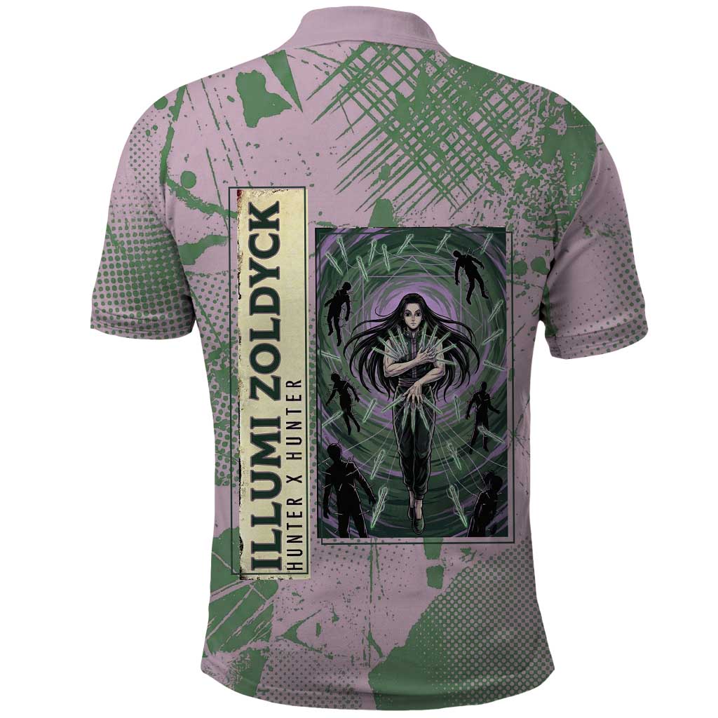 Alluka Zoldyck Theme Purple and Green Paint Splatter Design Polo Shirt with Nen Ability Artwork and Character Card Style - The Mazicc