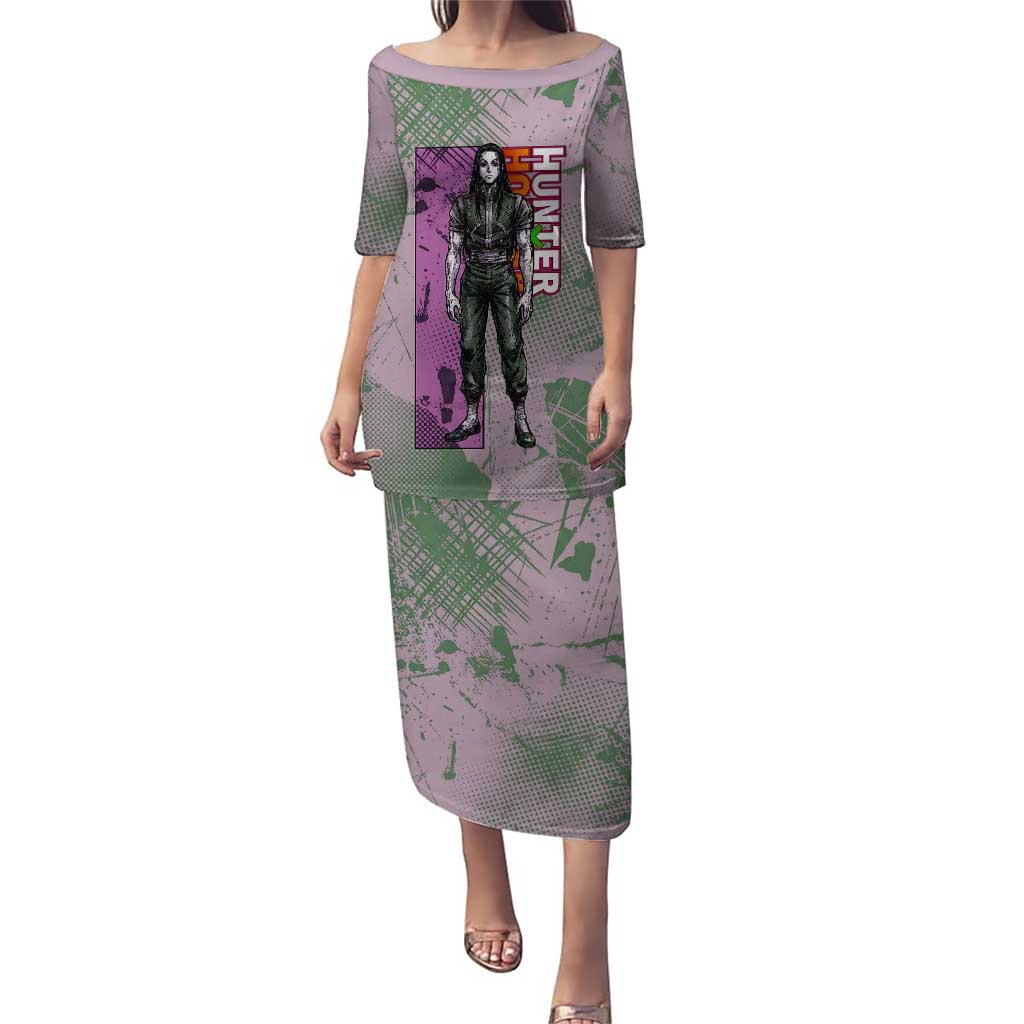 Alluka Zoldyck Theme Purple and Green Paint Splatter Design Puletasi with Nen Ability Artwork and Character Card Style - The Mazicc