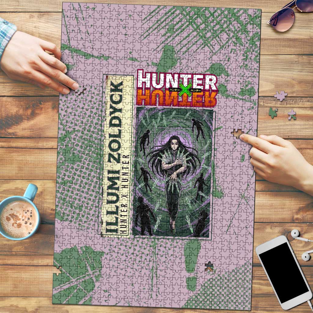 Alluka Zoldyck Theme Purple and Green Paint Splatter Design Puzzle with Nen Ability Artwork and Character Card Style - The Mazicc