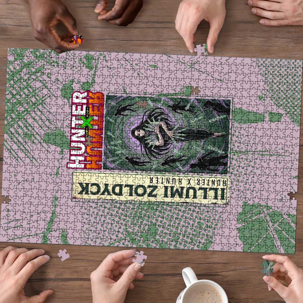 Alluka Zoldyck Theme Purple and Green Paint Splatter Design Puzzle with Nen Ability Artwork and Character Card Style - The Mazicc