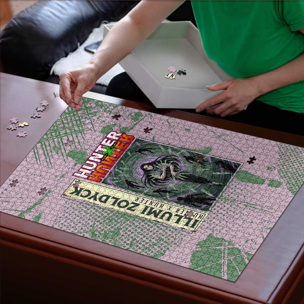Alluka Zoldyck Theme Purple and Green Paint Splatter Design Puzzle with Nen Ability Artwork and Character Card Style - The Mazicc