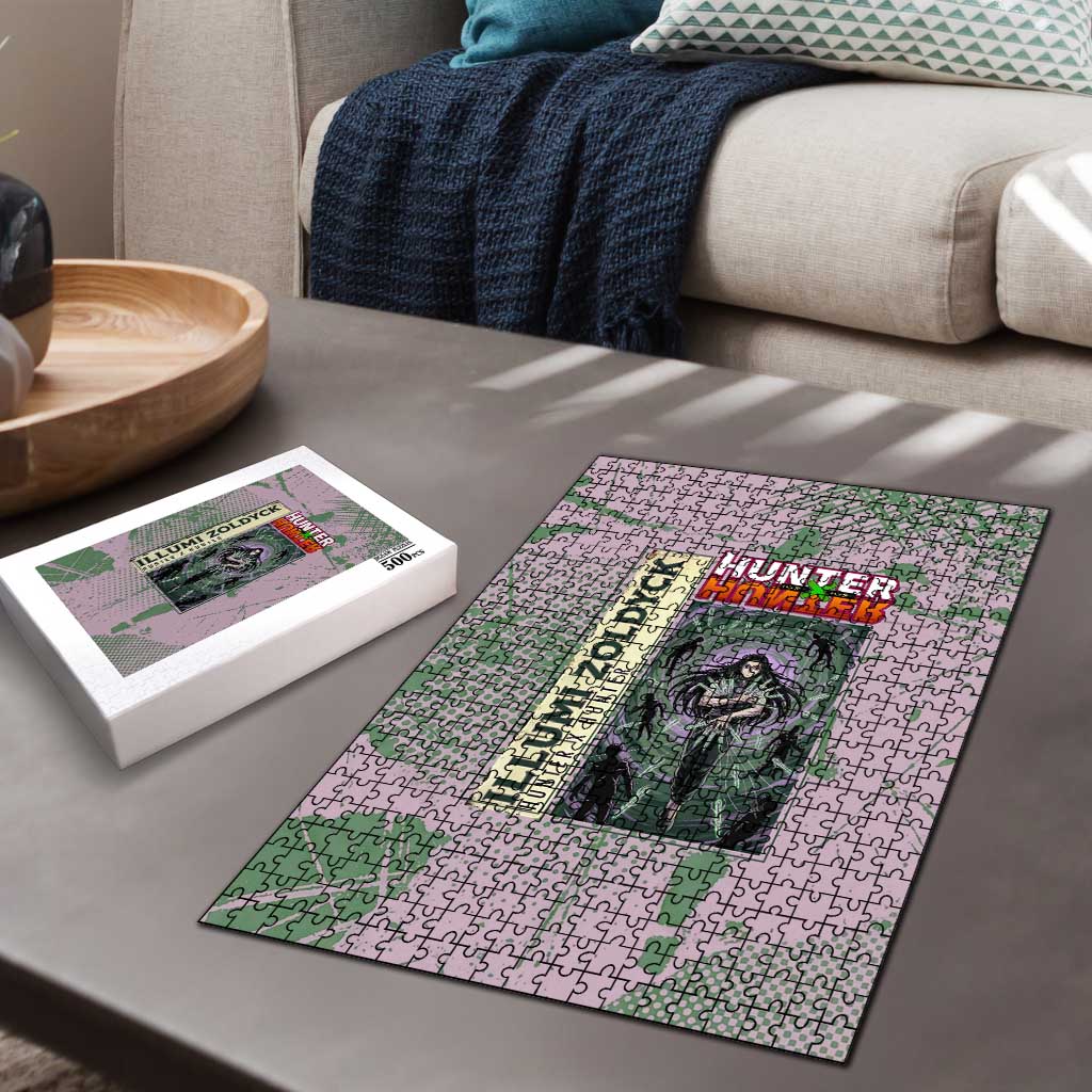 Alluka Zoldyck Theme Purple and Green Paint Splatter Design Puzzle with Nen Ability Artwork and Character Card Style - The Mazicc