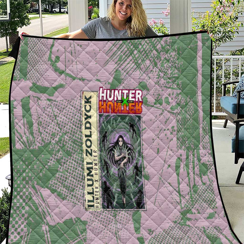 Alluka Zoldyck Theme Purple and Green Paint Splatter Design Quilt with Nen Ability Artwork and Character Card Style - The Mazicc