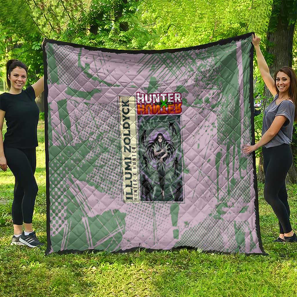 Alluka Zoldyck Theme Purple and Green Paint Splatter Design Quilt with Nen Ability Artwork and Character Card Style - The Mazicc