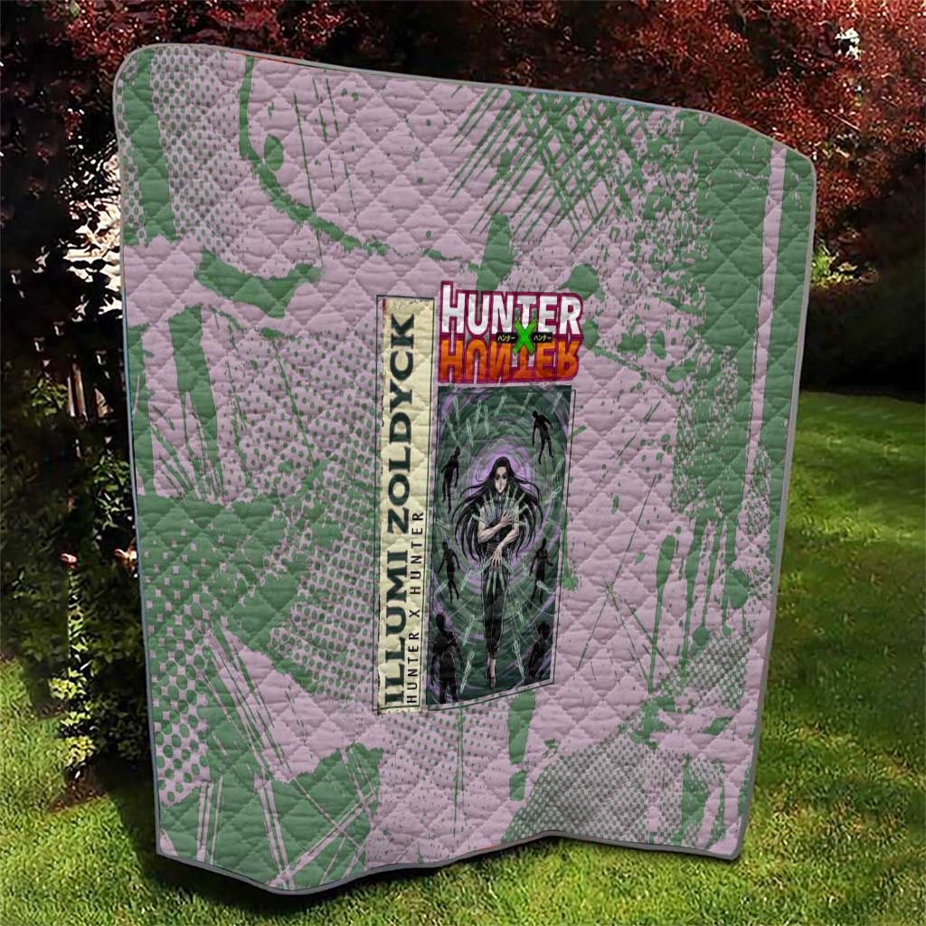 Alluka Zoldyck Theme Purple and Green Paint Splatter Design Quilt with Nen Ability Artwork and Character Card Style - The Mazicc