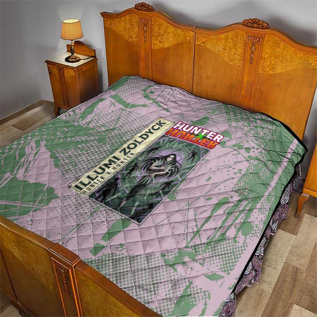 Alluka Zoldyck Theme Purple and Green Paint Splatter Design Quilt with Nen Ability Artwork and Character Card Style - The Mazicc