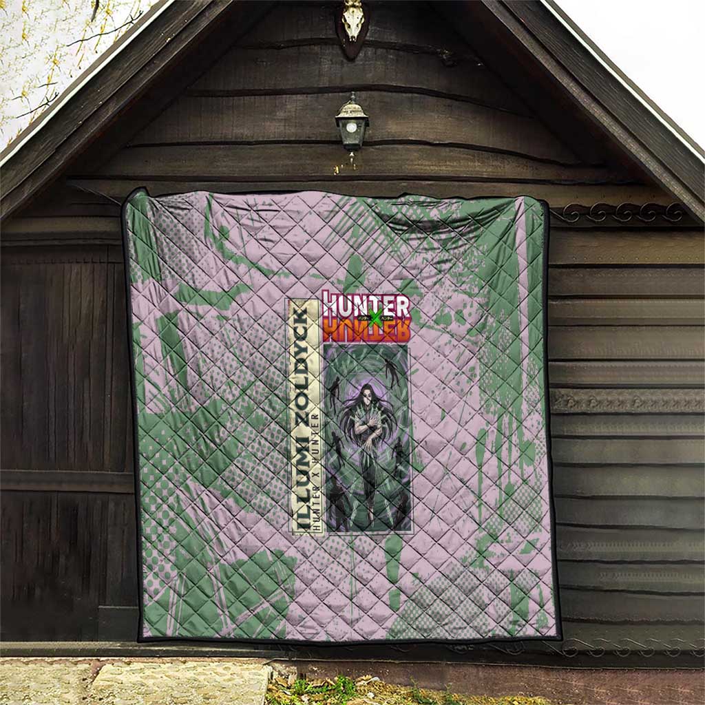 Alluka Zoldyck Theme Purple and Green Paint Splatter Design Quilt with Nen Ability Artwork and Character Card Style - The Mazicc