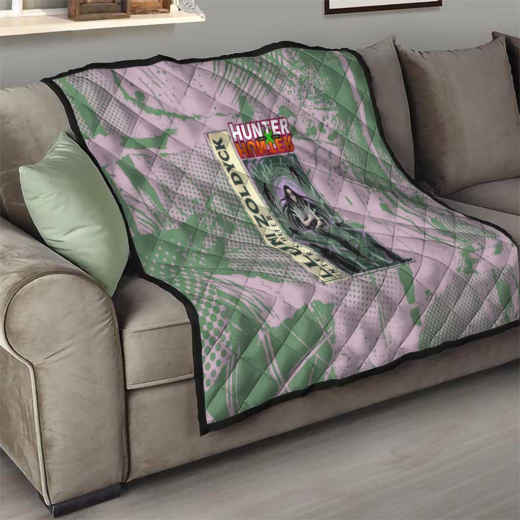 Alluka Zoldyck Theme Purple and Green Paint Splatter Design Quilt with Nen Ability Artwork and Character Card Style - The Mazicc