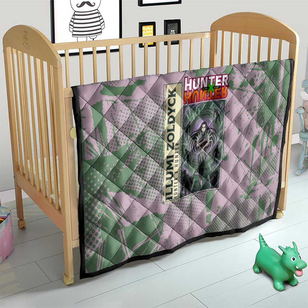 Alluka Zoldyck Theme Purple and Green Paint Splatter Design Quilt with Nen Ability Artwork and Character Card Style - The Mazicc