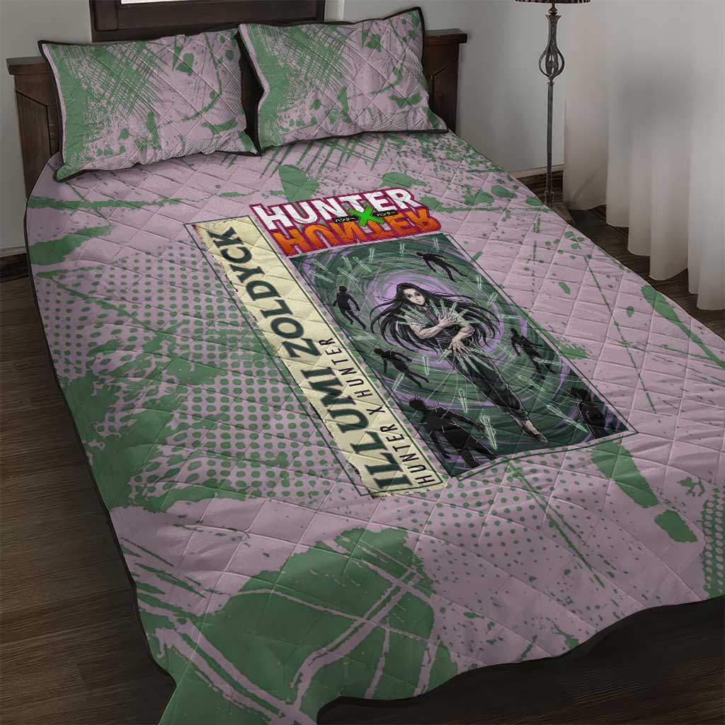 Alluka Zoldyck Theme Purple and Green Paint Splatter Design Quilt Bed Set with Nen Ability Artwork and Character Card Style - The Mazicc