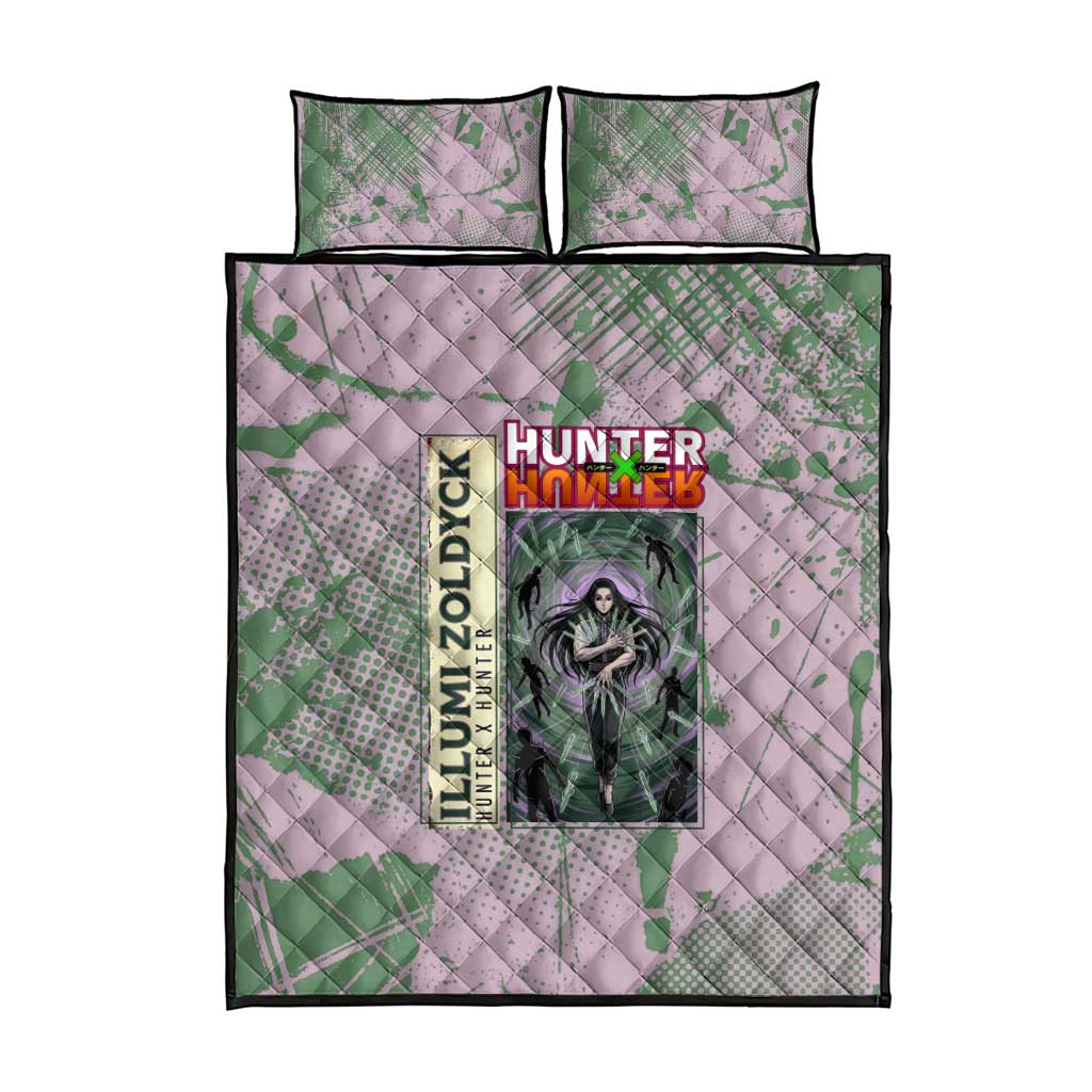 Alluka Zoldyck Theme Purple and Green Paint Splatter Design Quilt Bed Set with Nen Ability Artwork and Character Card Style - The Mazicc