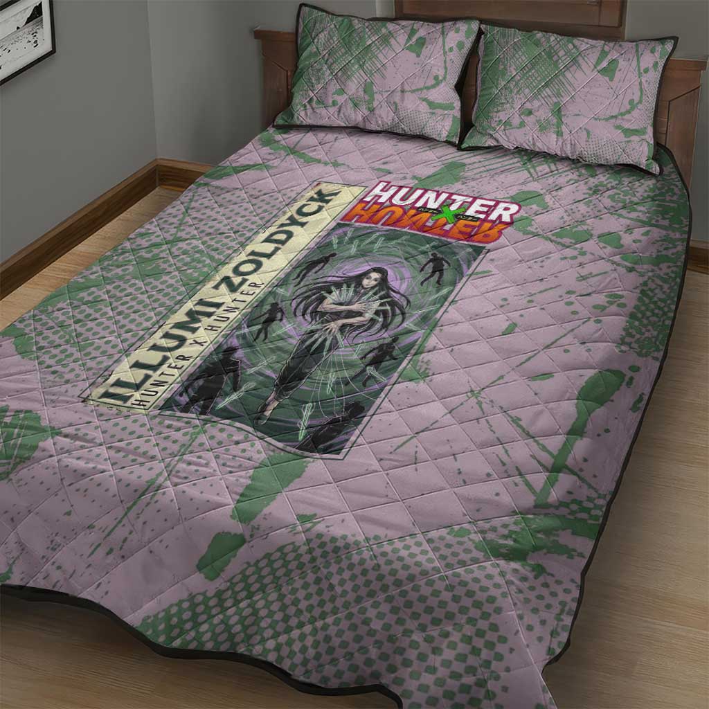 Alluka Zoldyck Theme Purple and Green Paint Splatter Design Quilt Bed Set with Nen Ability Artwork and Character Card Style - The Mazicc