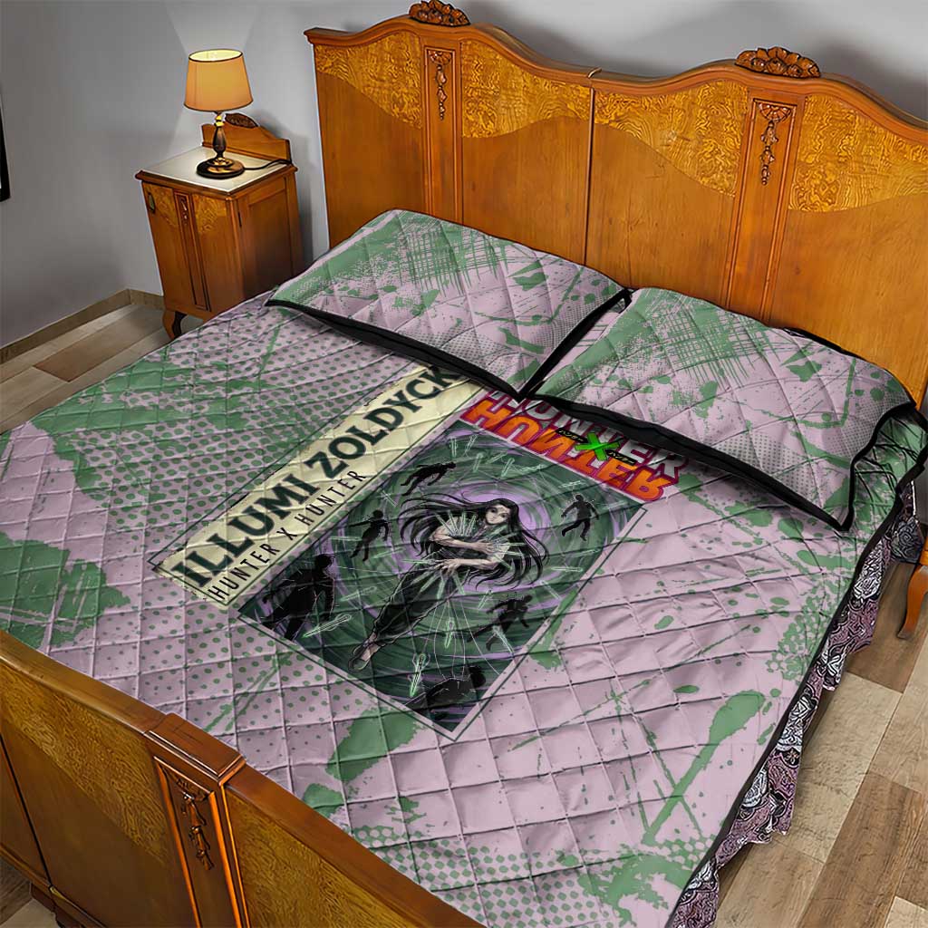 Alluka Zoldyck Theme Purple and Green Paint Splatter Design Quilt Bed Set with Nen Ability Artwork and Character Card Style - The Mazicc