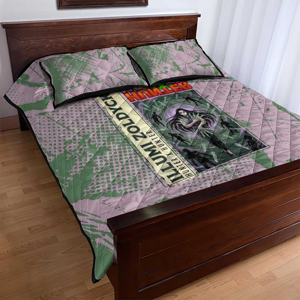 Alluka Zoldyck Theme Purple and Green Paint Splatter Design Quilt Bed Set with Nen Ability Artwork and Character Card Style - The Mazicc