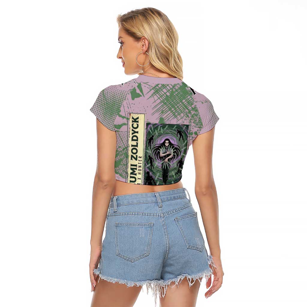 Alluka Zoldyck Theme Purple and Green Paint Splatter Design Raglan Cropped T Shirt with Nen Ability Artwork and Character Card Style - The Mazicc