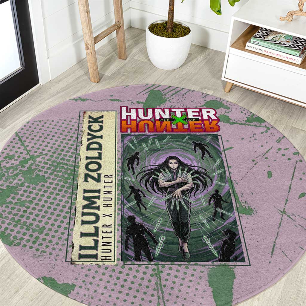 Alluka Zoldyck Theme Purple and Green Paint Splatter Design Round Carpet with Nen Ability Artwork and Character Card Style - The Mazicc