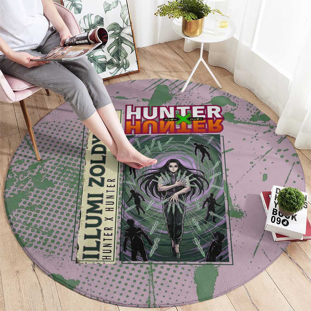 Alluka Zoldyck Theme Purple and Green Paint Splatter Design Round Carpet with Nen Ability Artwork and Character Card Style - The Mazicc