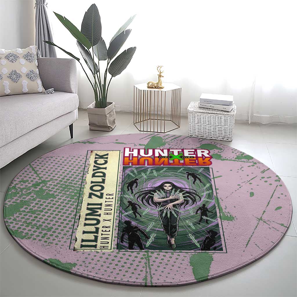 Alluka Zoldyck Theme Purple and Green Paint Splatter Design Round Carpet with Nen Ability Artwork and Character Card Style - The Mazicc