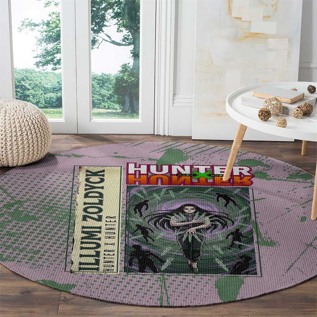 Alluka Zoldyck Theme Purple and Green Paint Splatter Design Round Carpet with Nen Ability Artwork and Character Card Style - The Mazicc