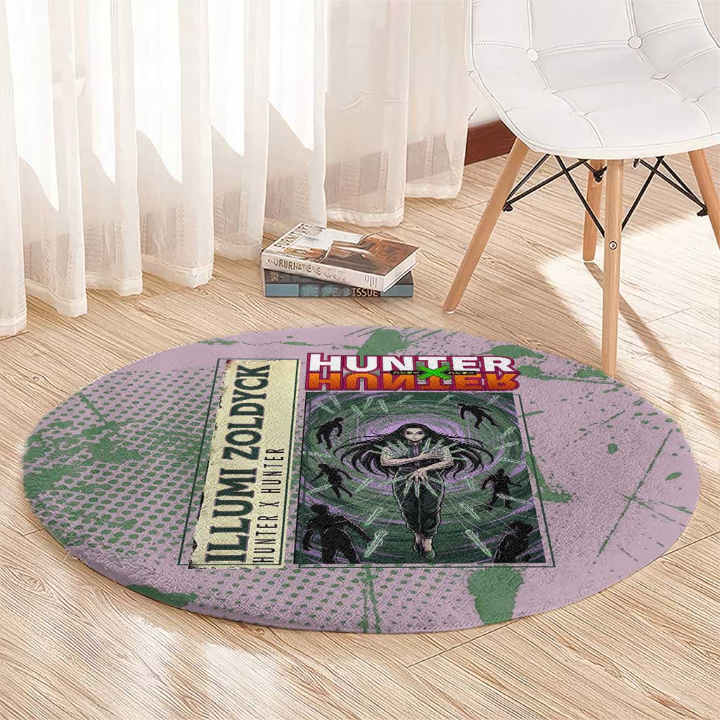 Alluka Zoldyck Theme Purple and Green Paint Splatter Design Round Carpet with Nen Ability Artwork and Character Card Style - The Mazicc