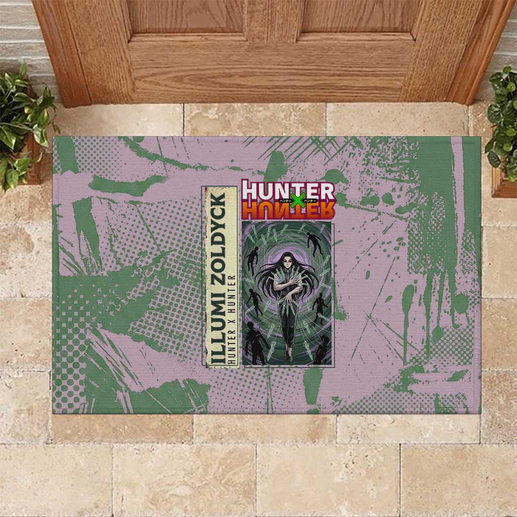 Alluka Zoldyck Theme Purple and Green Paint Splatter Design Rubber Doormat with Nen Ability Artwork and Character Card Style - The Mazicc