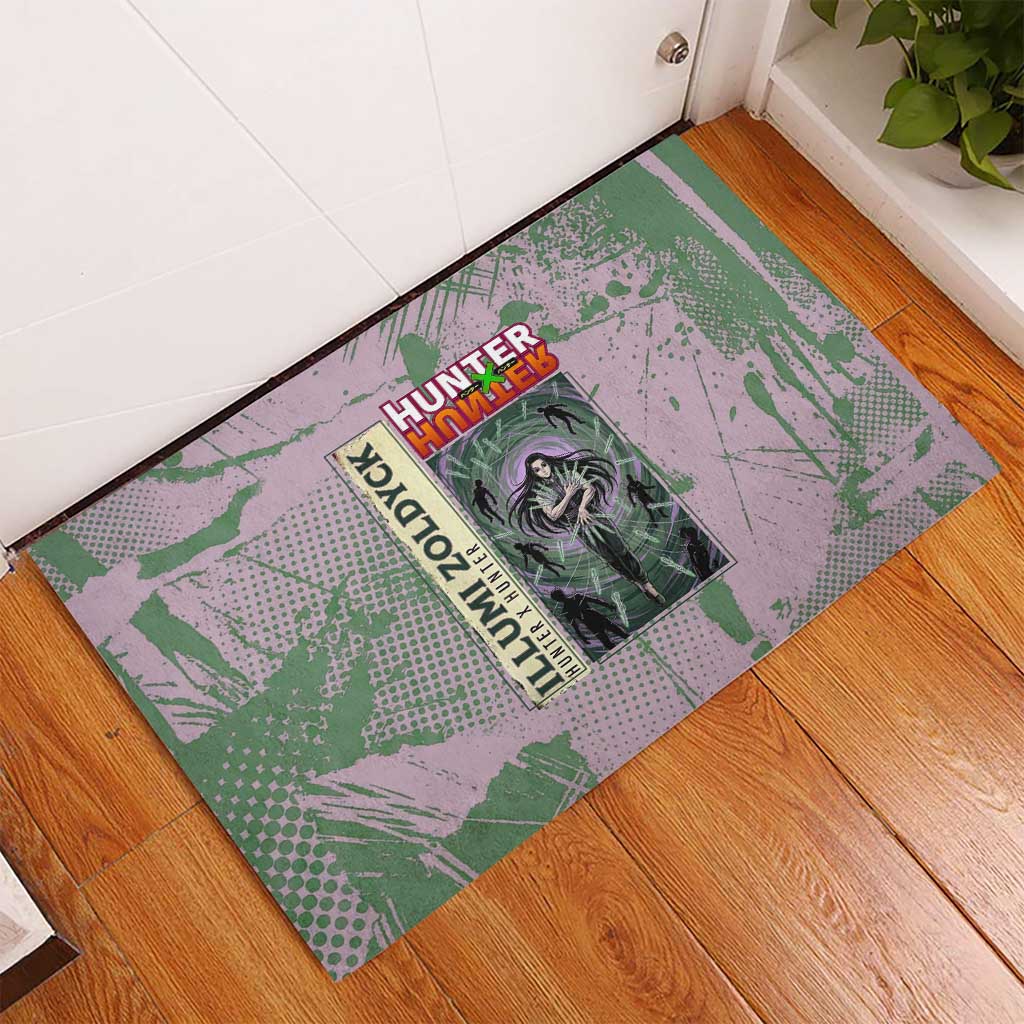 Alluka Zoldyck Theme Purple and Green Paint Splatter Design Rubber Doormat with Nen Ability Artwork and Character Card Style - The Mazicc