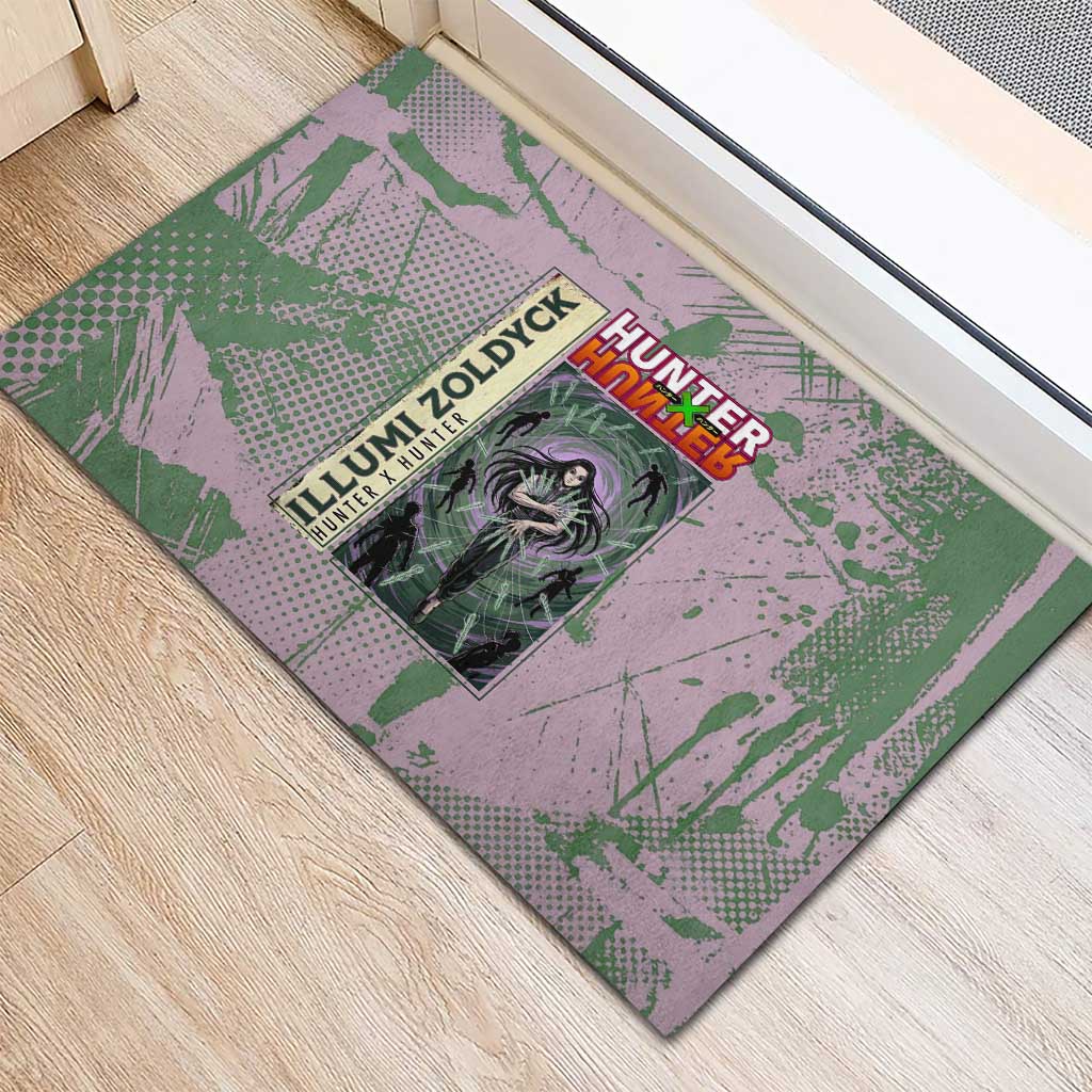 Alluka Zoldyck Theme Purple and Green Paint Splatter Design Rubber Doormat with Nen Ability Artwork and Character Card Style - The Mazicc