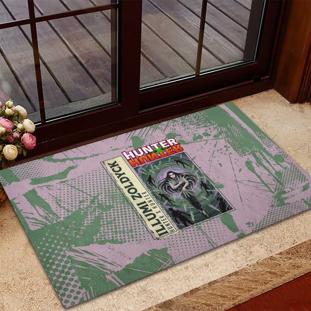 Alluka Zoldyck Theme Purple and Green Paint Splatter Design Rubber Doormat with Nen Ability Artwork and Character Card Style - The Mazicc