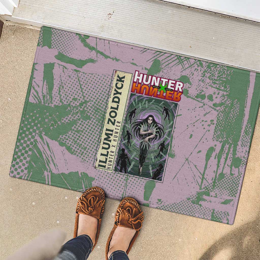 Alluka Zoldyck Theme Purple and Green Paint Splatter Design Rubber Doormat with Nen Ability Artwork and Character Card Style - The Mazicc