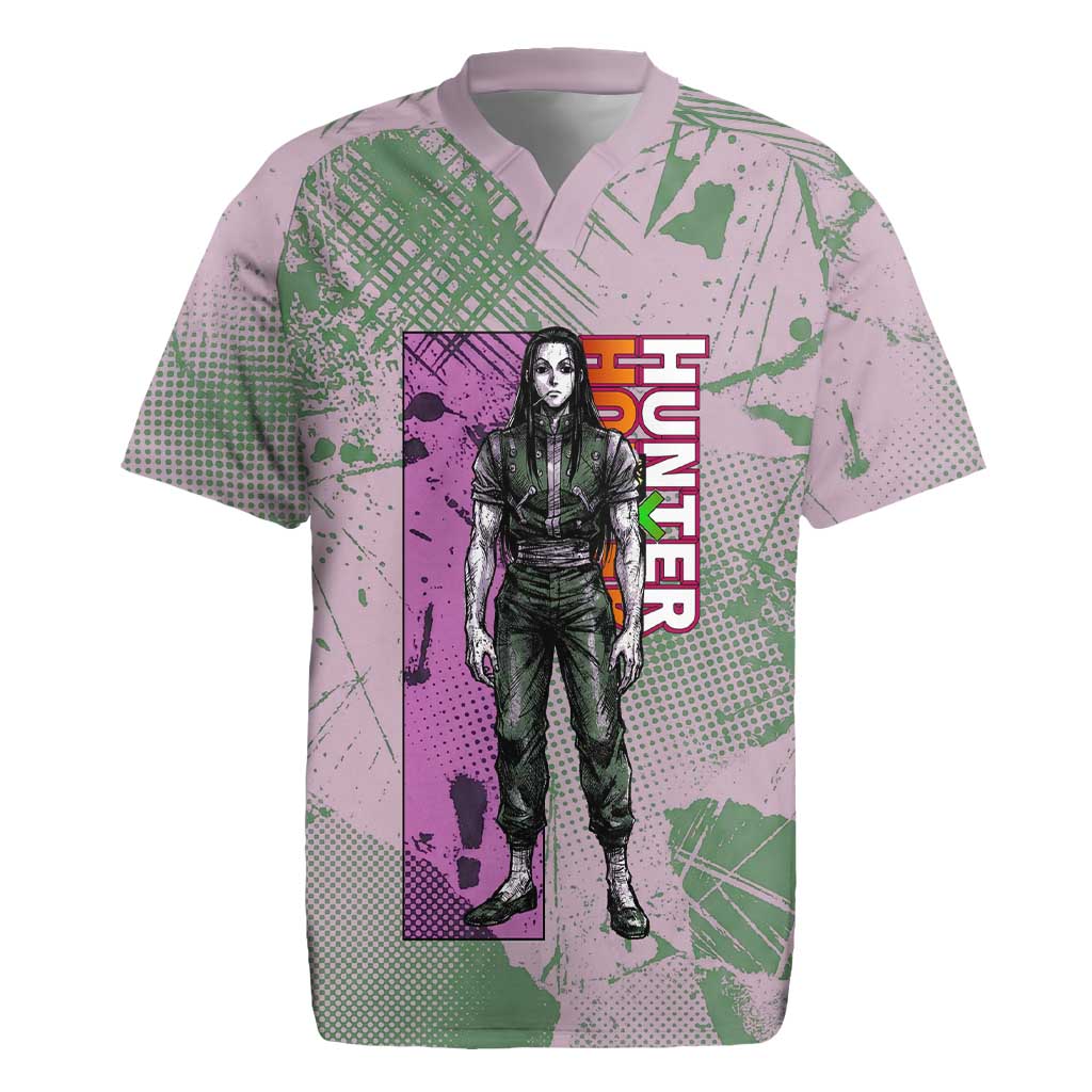 Alluka Zoldyck Theme Purple and Green Paint Splatter Design Rugby Jersey with Nen Ability Artwork and Character Card Style - The Mazicc